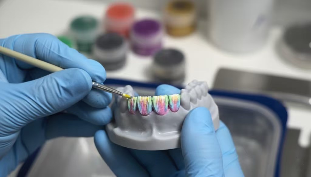 a technician use brush layering on the teeth