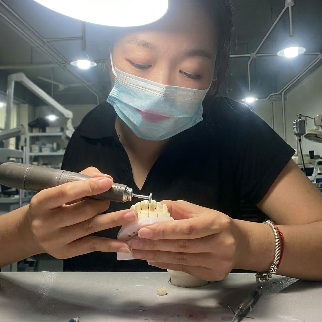 a femal technician uses handpiece to polishing the zirconia crown mounted on the laser cutting die model
