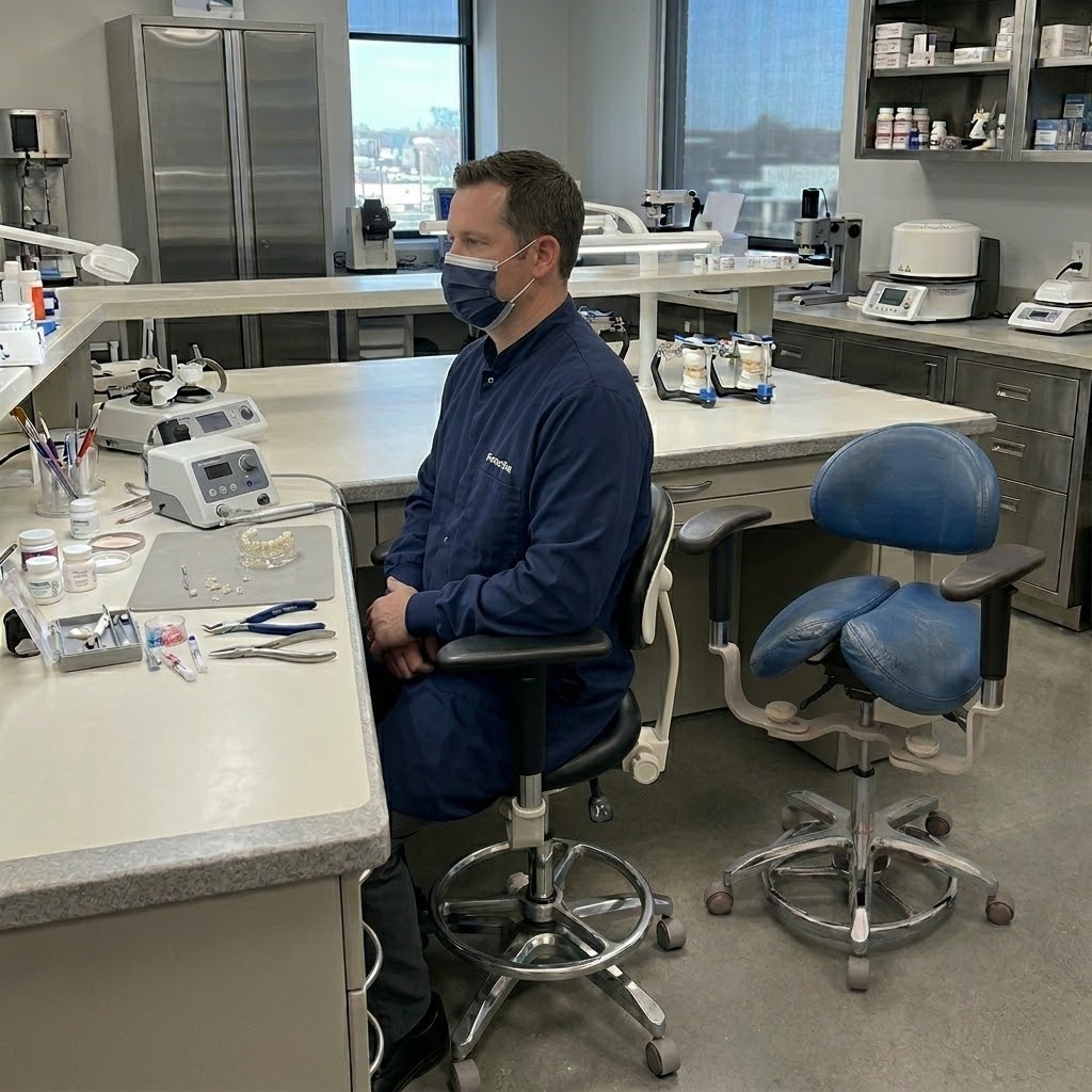 technician sits on the hospital grade stool saddle design